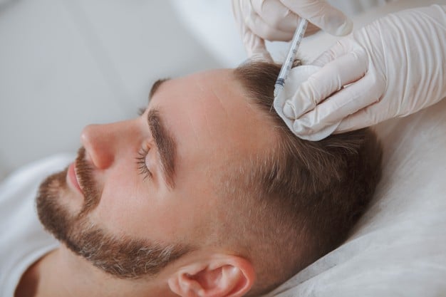 beautician giving hairloss treatment injections into scalp male client 130388 1849